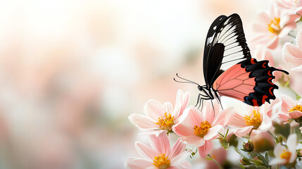 Fototapeta premium A beautiful butterfly perched on delicate pink flowers in a serene natural setting