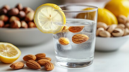 A glass of water with a lemon slice, placed next to a bowl of mixed nuts on a white table.