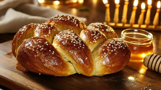 Challah bread with honey and a lit menorah in the background during hanukkah jewish holiday.