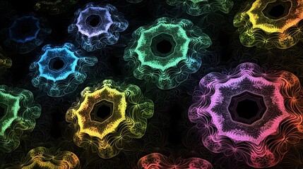 Colorful abstract fractal patterns with neon hexagon designs