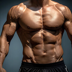 Fototapeta premium Athletic male torso with defined muscles, shirtless, showing six-pack abs and muscular chest in dramatic lighting