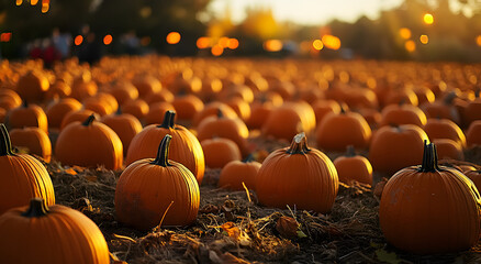 A vibrant pumpkin patch at sunset with numerous orange pumpkins scattered across the ground, drawing visitors to enjoy the autumn atmosphere