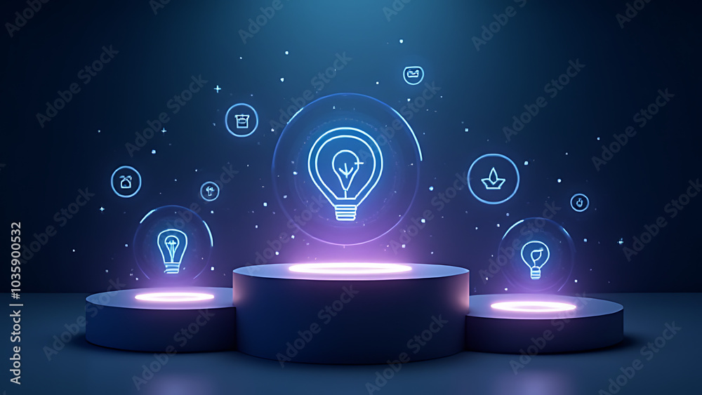 Poster Modern sleek podium displays glowing icons for building expertise in AI technologies for tech ads effectively showcasing innovation.