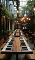 Fototapeta premium Piano key tables with chairs in a greenhouse.