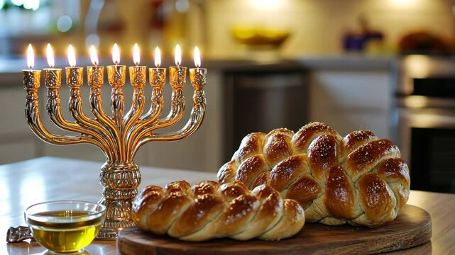 Menorah with lit candles and freshly baked challah bread on wooden table, celebrating hanukkah jewish holiday.