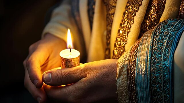 Hands holding a lit candle in ornate clothing with intricate embroidery symbolizing warmth and tradition during hanukkah jewish holiday.