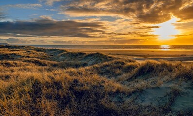 sunset over grassy dunes in the foreground of Otaki Beach on the Kapiti Coast of New Zealand