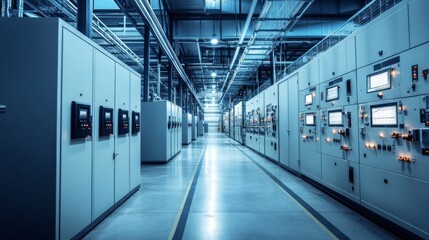 Fototapeta premium A cutting-edge smart grid power distribution center, modern facility with advanced control panels, Industrial style