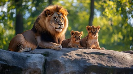 Obraz premium In a forest, a lion family with a male, lioness, and two cubs are together. Cubs lean on parents while the male lion eyes the camera 