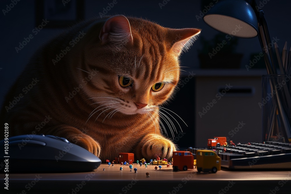 Poster Pixelated cat sitting on a desk, knocking over tiny pixel art objects