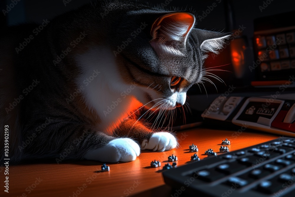 Poster Pixelated cat sitting on a desk, knocking over tiny pixel art objects