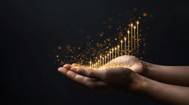 Hands holding golden growth graph with upward lines, symbolizing success and prosperity