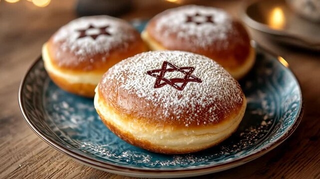 Delicious sufganiyot with powdered sugar and berry filling decorated with star of david for hanukkah jewish holiday.