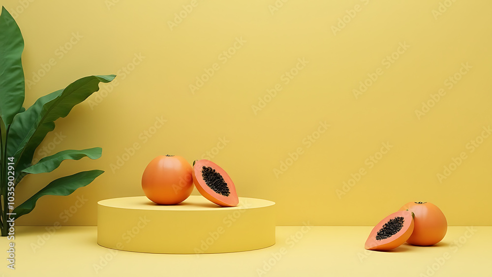 Poster papaya on empty podium for natural display showcasing fruit theme in 3d design.