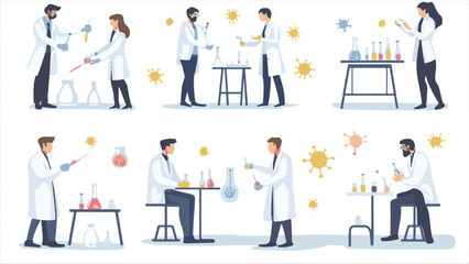 Scientists characters. Researchers people work in lab. Isolated doctors exploring virus and DNA. Chemists experimenting with test tubes in laboratory. Vector
