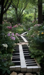 Piano keys path through a lush forest.