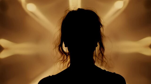 Meditating silhouette surrounded by fiery light patterns, symbolizing inner transformation as shadows dance in the background to create a serene yet intense atmosphere