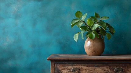 Green plant in a pottery vase displayed on a vintage wooden drawer against a blue backdrop  -