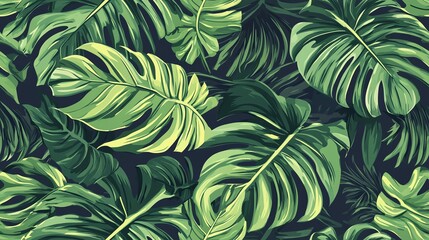 A repeating vector pattern with lush tropical foliage, featuring monstera and banana leaves on a neutral grey background for seamless tiling