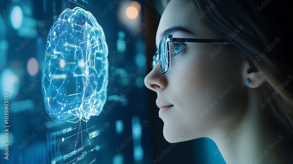 Wall mural Human interacting with an AI brain processor, exploring AI machine learning in business strategy  -