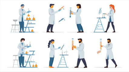 Scientists characters. Researchers people work in lab. Isolated doctors exploring virus and DNA. Chemists experimenting with test tubes in laboratory. Vector
