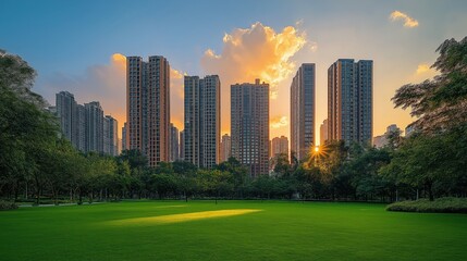 Obraz premium Tall residential towers rise majestically as the sun sets, casting golden hues over a vibrant green park