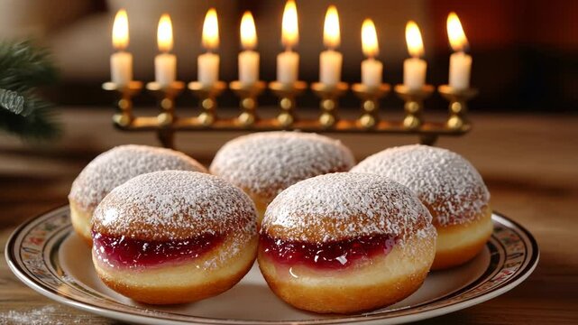 Festive plate of sufganiyot with lit menorah in background celebrating hanukkah jewish holiday.