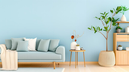 Living room furniture with stylish decor and indoor plants in modern interior design