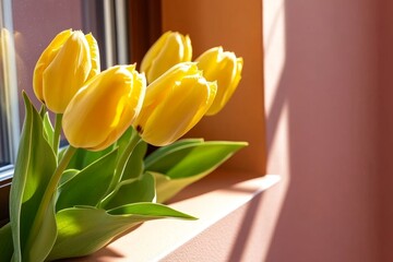 Naklejka premium Yellow tulips blooming on a windowsill, with sunlight casting warm shadows on the wall
