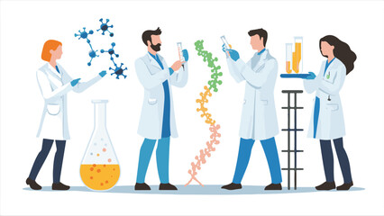 Scientists characters. Researchers people work in lab. Isolated doctors exploring virus and DNA. Chemists experimenting with test tubes in laboratory. Vector
