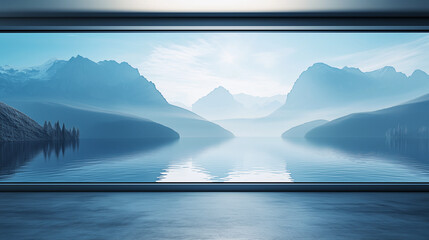 Panoramic window with mountain and lake view