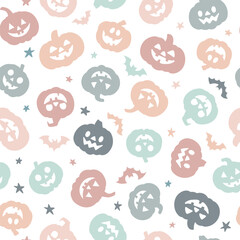 Cute kids Halloween vector pattern, seamless repeating pastel tile with adorable smiling pumpkin cartoons, holiday print design