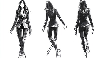 A simple hand-drawn illustration of a woman in a suit, shown from three angles.