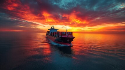 A cargo ship glides smoothly over tranquil waters as the sun sets, creating a breathtaking backdrop of vivid oranges, pinks, and purples in the sky.