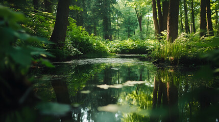 Obraz premium Peaceful forest scene with lush green foliage and a reflective body of water, epitomizing tranquility -