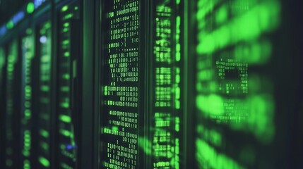 Obraz premium Green Binary Code on Server Racks Data Center Technology