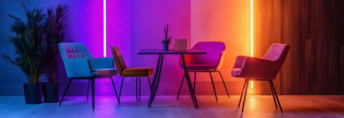 Podcast room with neon lights and retro-style chairs and table -