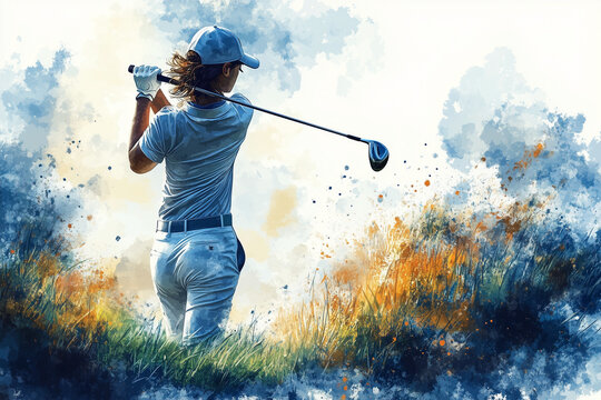 Professional golfer on the course makes a putt and looks at the result.