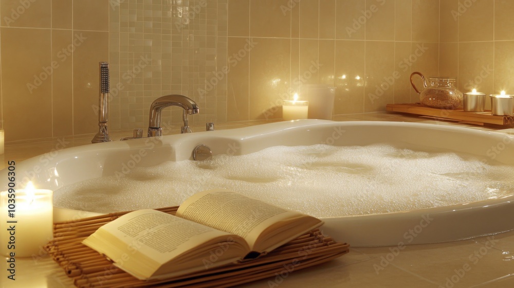 Poster a tranquil bath is filled with bubbles, surrounded by candles and a neatly placed book on a wooden t