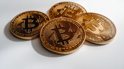 Bitcoin cryptocurrency, a pile of golden metallic coins on white background.