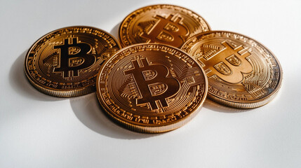 Bitcoin cryptocurrency, a pile of golden metallic coins on white background.