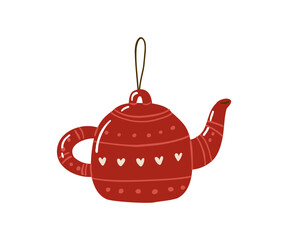 Christmas decoration teapot for the tree is drawn in a flat style by hand. New Year, Christmas, Holiday.