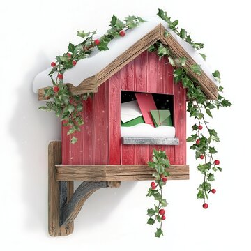 recommend clip art: A festive mailbox clipart covered in snow, mistletoe hanging from the side, 3D illustration, Christmas letters inside, isolated on white background
