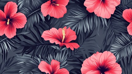 Obraz premium A repeating vintage tropical floral pattern featuring palm fronds and hibiscus flowers, arranged over a cool grey backdrop