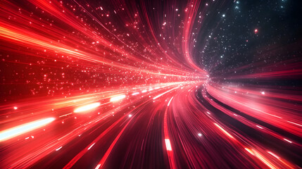Obraz premium Abstract red lines depict the speed of the road in red. Red light trails on a dark background, with a high speed and fast motion blur effect. Design of a postcard, banner, website