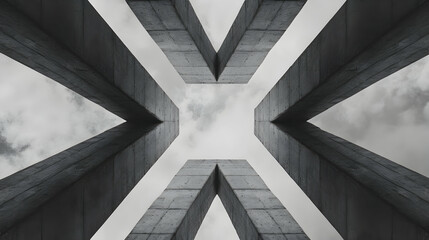 Fototapeta premium Symmetrical concrete structures forming a geometric path leading upward into the sky -