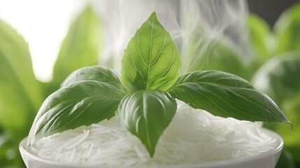 Fresh Basil Leaves on Steaming Rice in Bowl