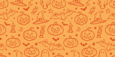Halloween repeat pattern, orange cartoon illustration wallpaper cute doodle illustration banner, seamless repeating vector background tile