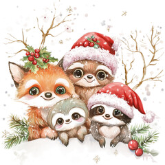 Christmas Clip art animals Santa Santa dear Santa hat and deer watercolor Illustration Background