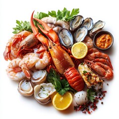 Fresh seafood dishes, food element, hyper-realistic rendering, vibrant colors, isolated on white background